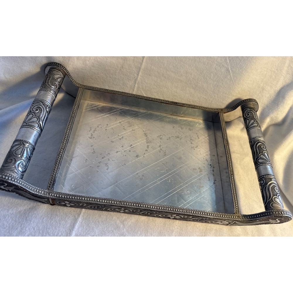 Vintage Handcrafted Indian Handled Serving Tray Etched Peacocks Silver 14 X 7.5"